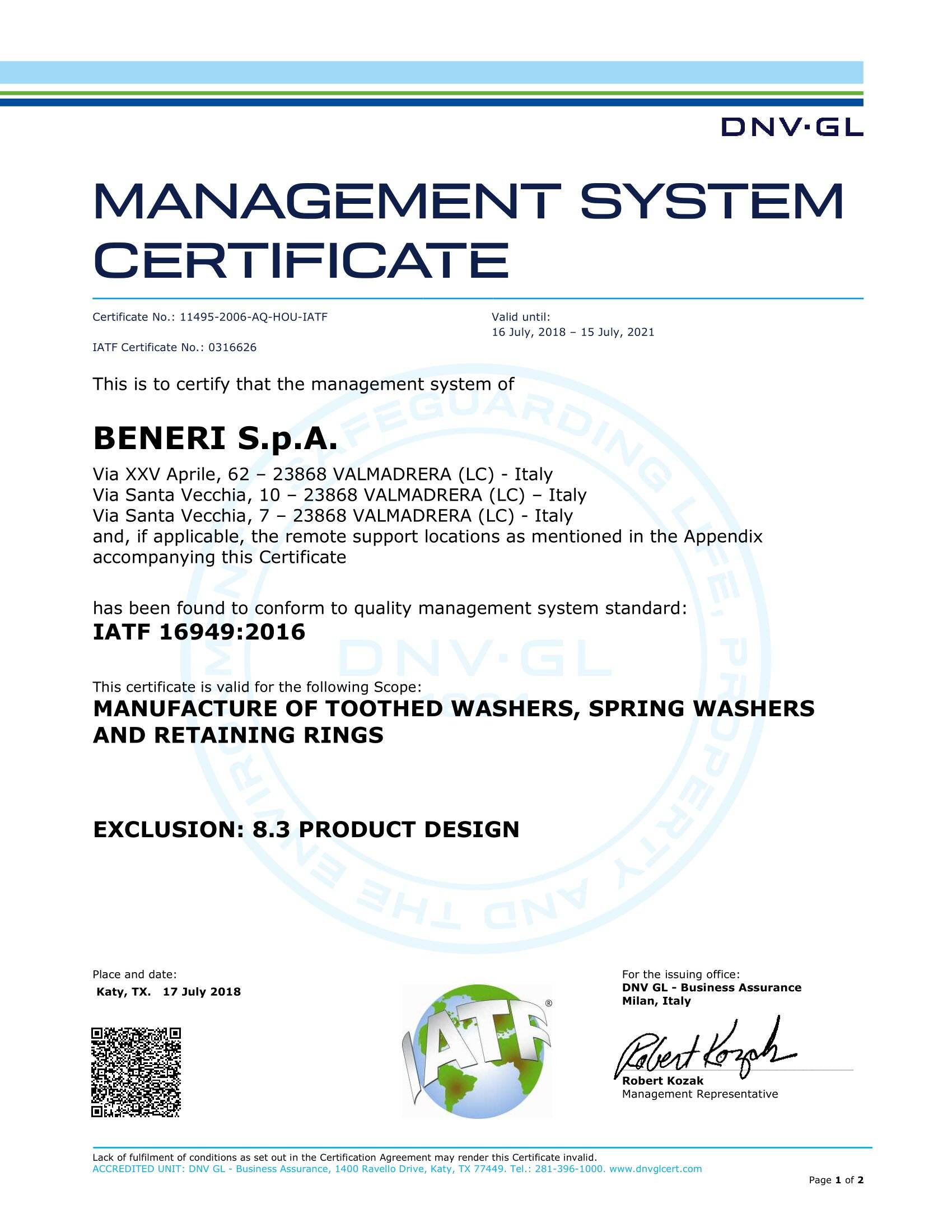 BENERI Spa obtains IATF 16949:2016 certification